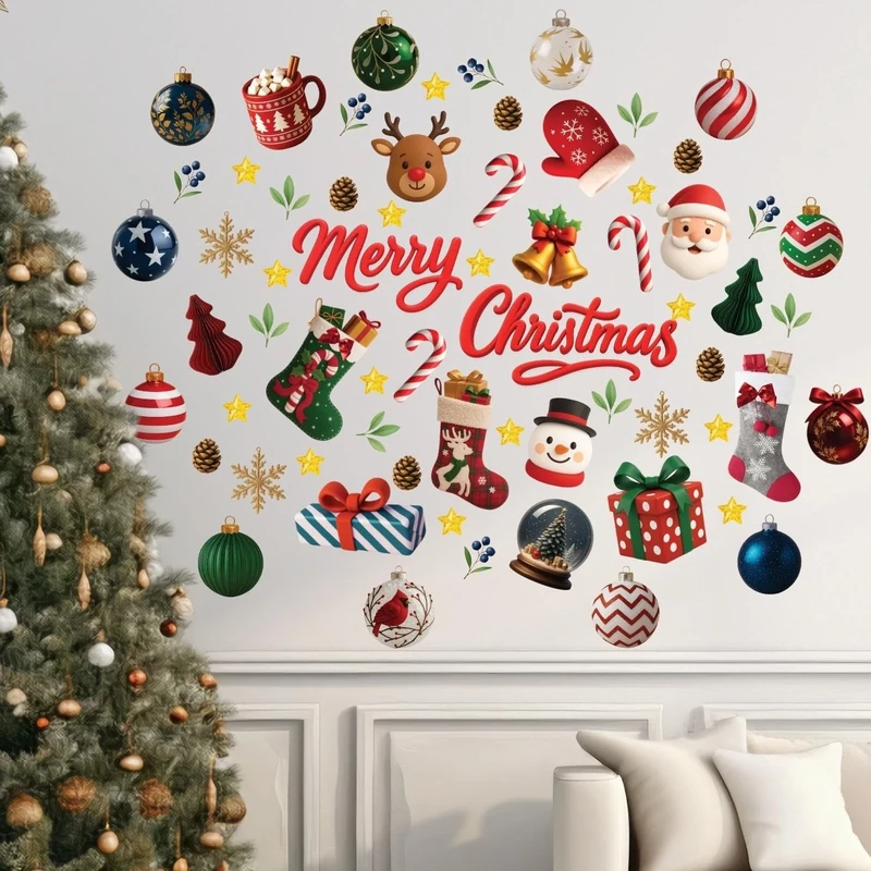 WALPLUS Holly Jolly Christmas Wall Stickers Set, 159-Piece Holiday Decals for Festive Home, Kids Room, Nursery & Party Decorations