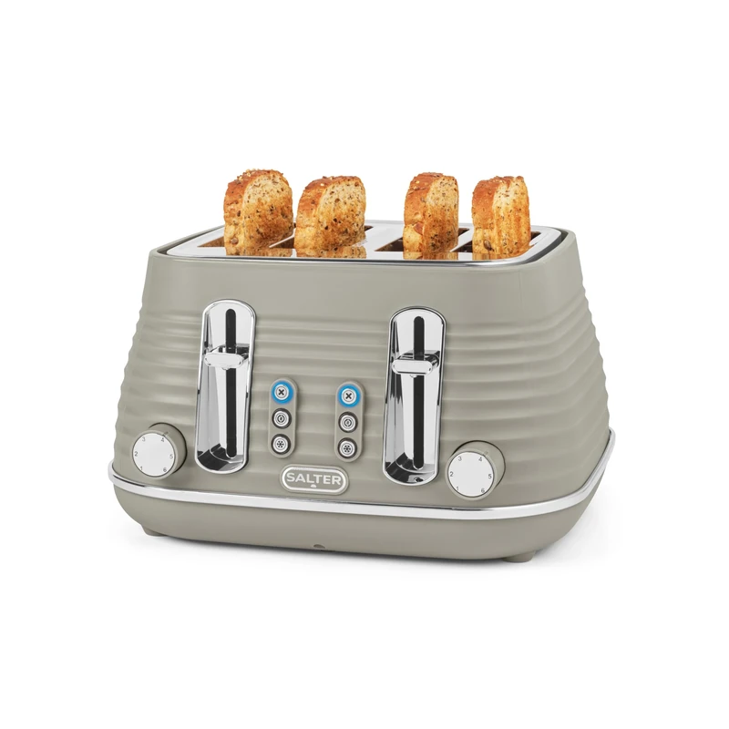 Salter Ripple 4-Slice Toaster – Defrost, Reheat, Cancel, Wide Toasting Slots, Bagels/Crumpets, 6 Browning Levels, Removable Crumb Tray, High-Lift, Self-Centring, Textured Ripple Design, Taupe, 1630W