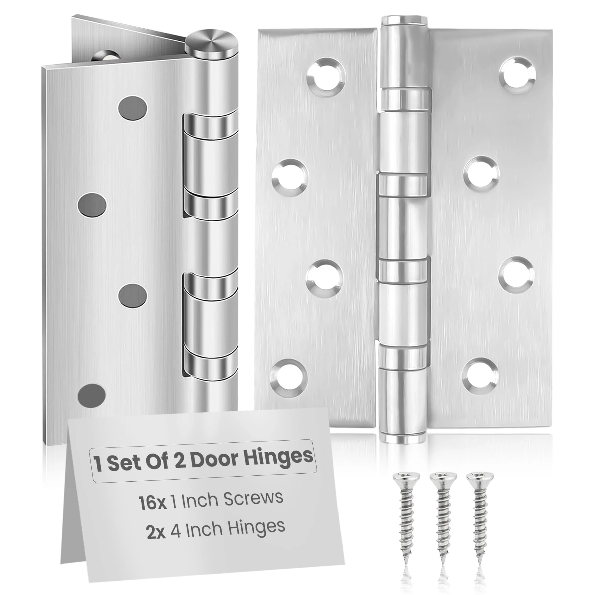MSC Stainless Steel Door Hinges 4 Inch – Heavy Duty - Ball Bearing - Outdoor Hinges for Wood, Internal Doors, Rust-Resistant, Silent Operation, Chrome Finish with Screws, Pack of 2, Silver
