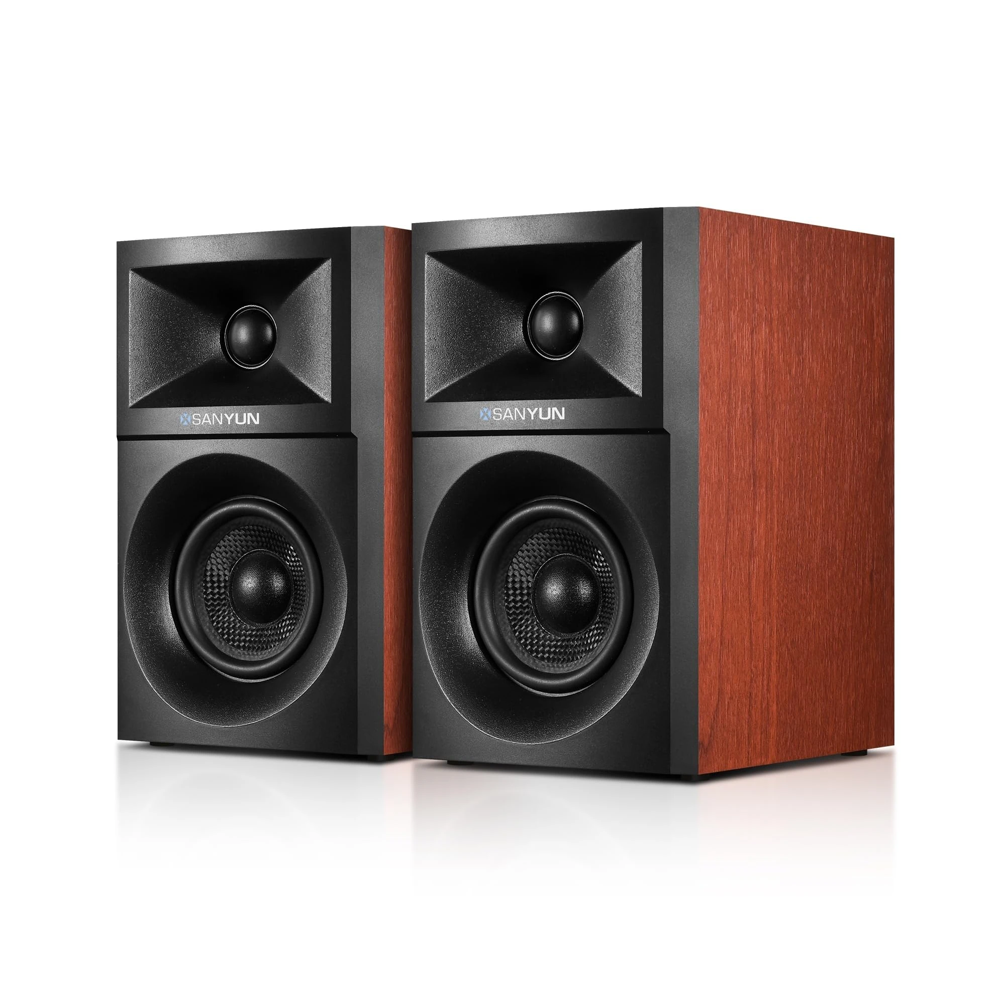 Sanyun SW203 4.0 Computer Speakers - 60W 4-Way DSP Control 3D Immersive Sound - 3" Carbon Fiber Woofer & 20mm Silk Dome Tweeter - 24bit DAC USB/Bluetooth 5.4/AUX - Studio-Grade Audio (Pair, Red)