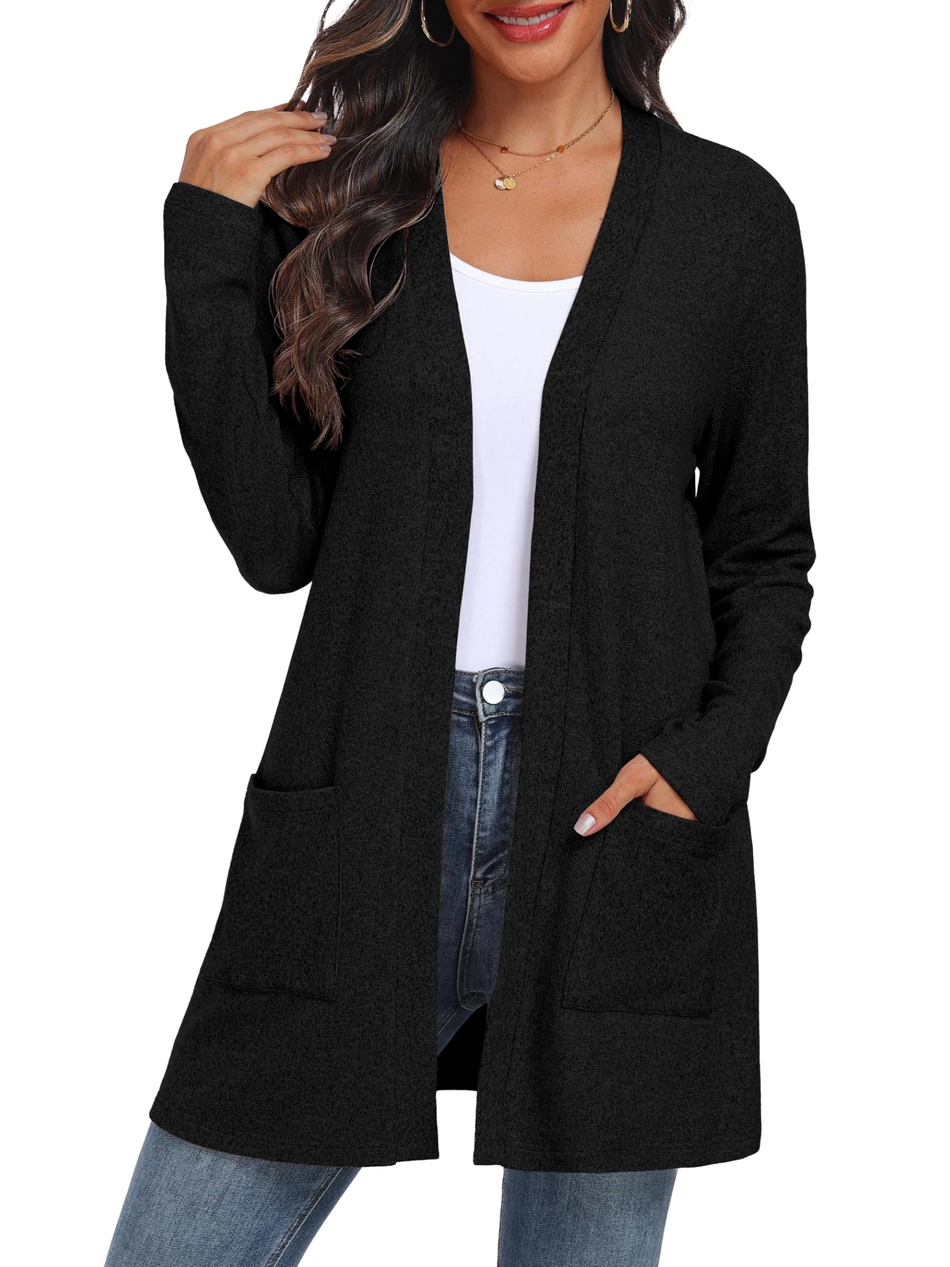 QIXING Women's Cardigan Open Front Lightweight Long Sleeve Casual Sweater Cardigan with Pockets for Autumn Winter (Black, L)