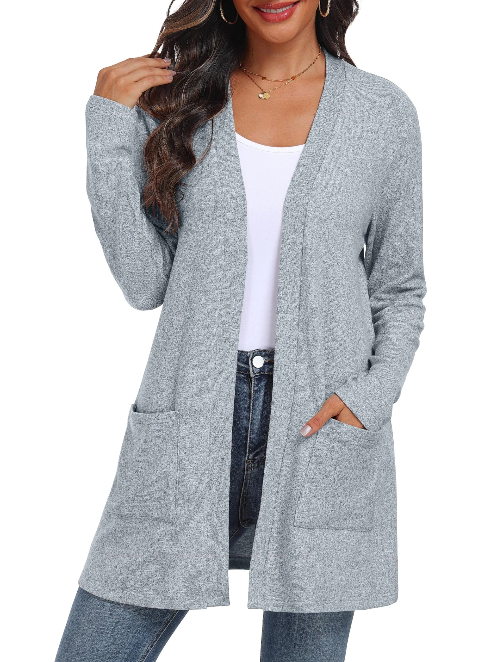 QIXING Women's Cardigan Open Front Lightweight Long Sleeve Casual Sweater Cardigan with Pockets for Autumn Winter (Dusty Blue, L)