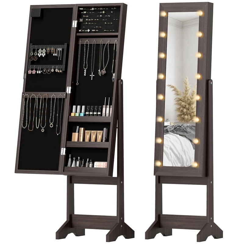 HOMCOM Freestanding Mirror Jewelry Cabinet with LED Lights, Jewellery Organiser with 3 Angle Adjustable, Full-Length Mirror with Storage for Earrings, Necklaces, Rings and Lipsticks, Dark Brown