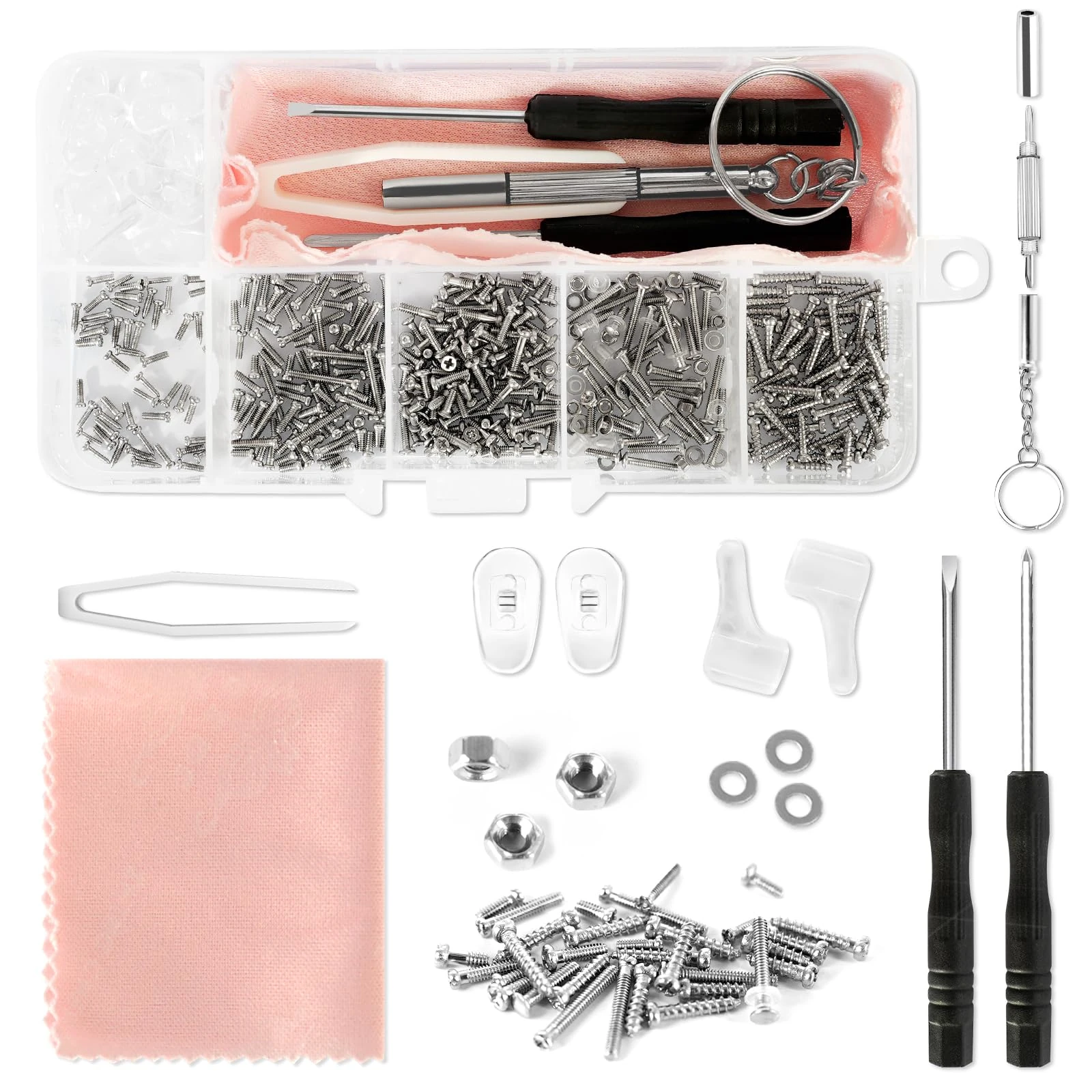 MOXYOY 500 Pcs Glasses Repair Tool Kit,Spectacle Repair Kit,Eyeglass Repair Tool Set,with Mini Screwdrivers,Screws Nuts,Silicone Nose Pads,Tweezer,Glasses Cloth,for Sunglasses,Watches,and Small Elec