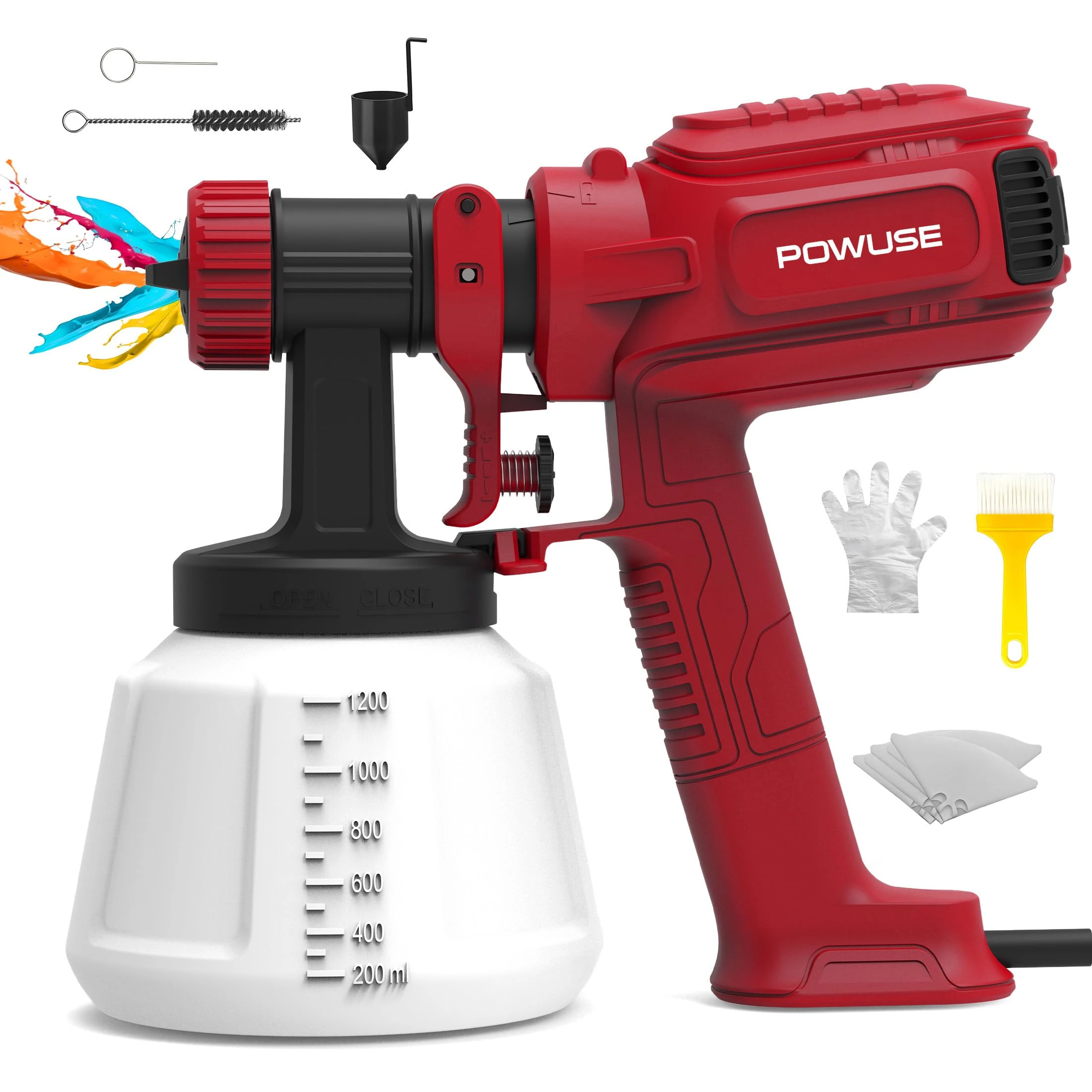800W HVLP Paint Spray Gun, Ultra-Light Electric Paint Sprayer w/1200ML Container, 4 Nozzles, 3 Patterns, Fence Paint Sprayer for Walls, Ceilings, Sheds, Decks, Furniture, Cabinets, DIY (Red)