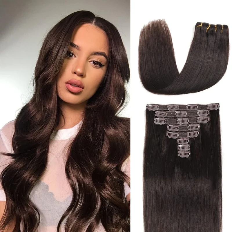 Clip in Hair Extensions Real Human Hair Straight Real Remy Human Hair 8pcs 100g Double Weft Remy Human Hair Clip in Extensions (#2 Dark Brown, 22 Inch)