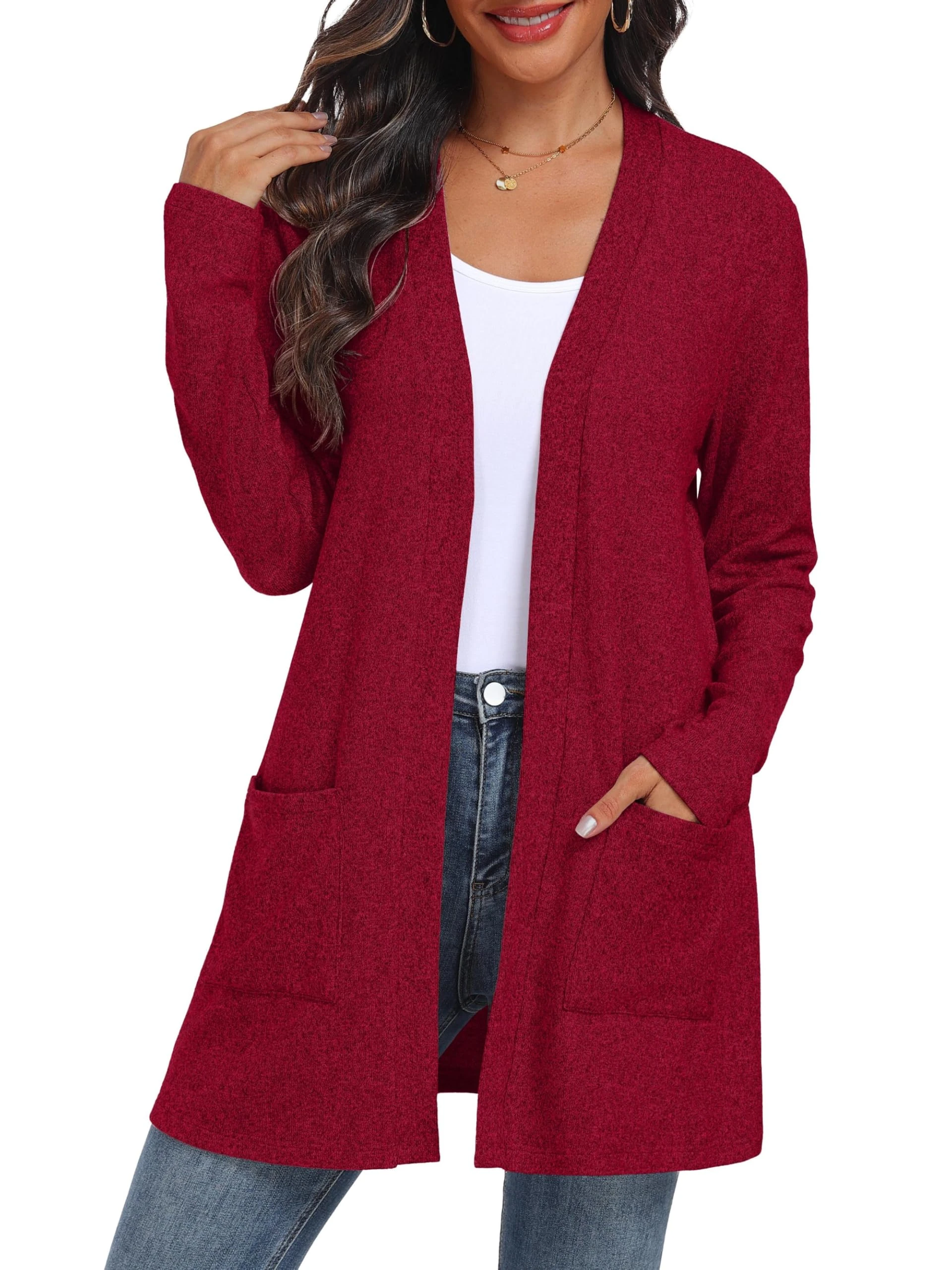 QIXING Women's Cardigan Open Front Lightweight Long Sleeve Casual Sweater Cardigan with Pockets for Autumn Winter (Red, L)