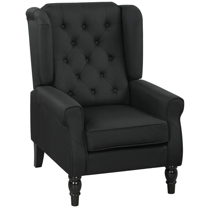HOMCOM Retro Accent Chair, Linen Wingback Armchair with Wood Frame Button Tufted Design for Living Room Bedroom, Black