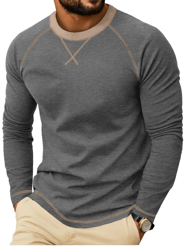 QIXING Mens Cotton Shirt Long Sleeve Casual Crew Neck Soft Crew Neck T-Shirts for Autumn Winter(Dark Gray, L)