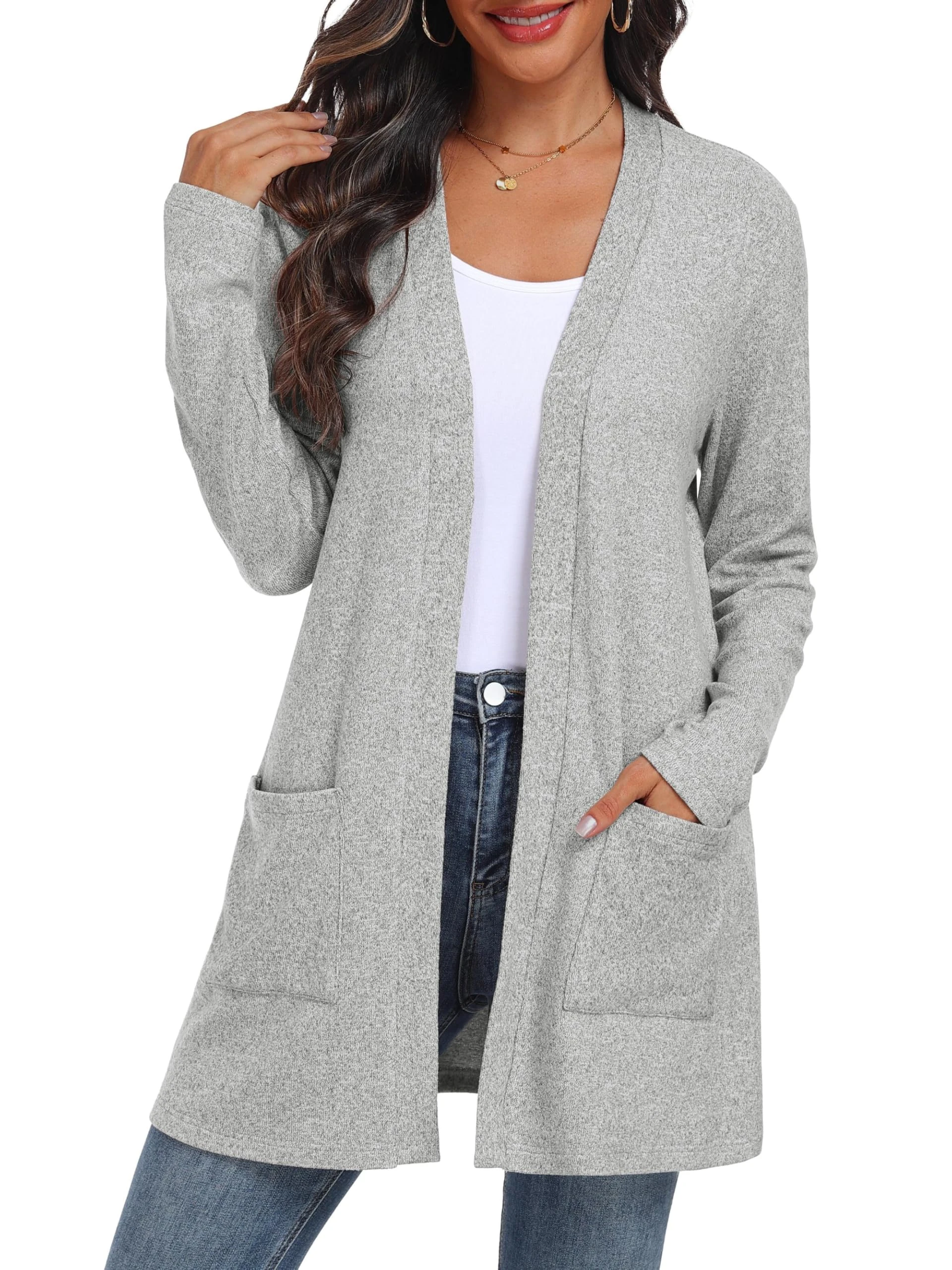 QIXING Women's Cardigan Open Front Lightweight Long Sleeve Casual Sweater Cardigan with Pockets for Autumn Winter (Light Gray, L)