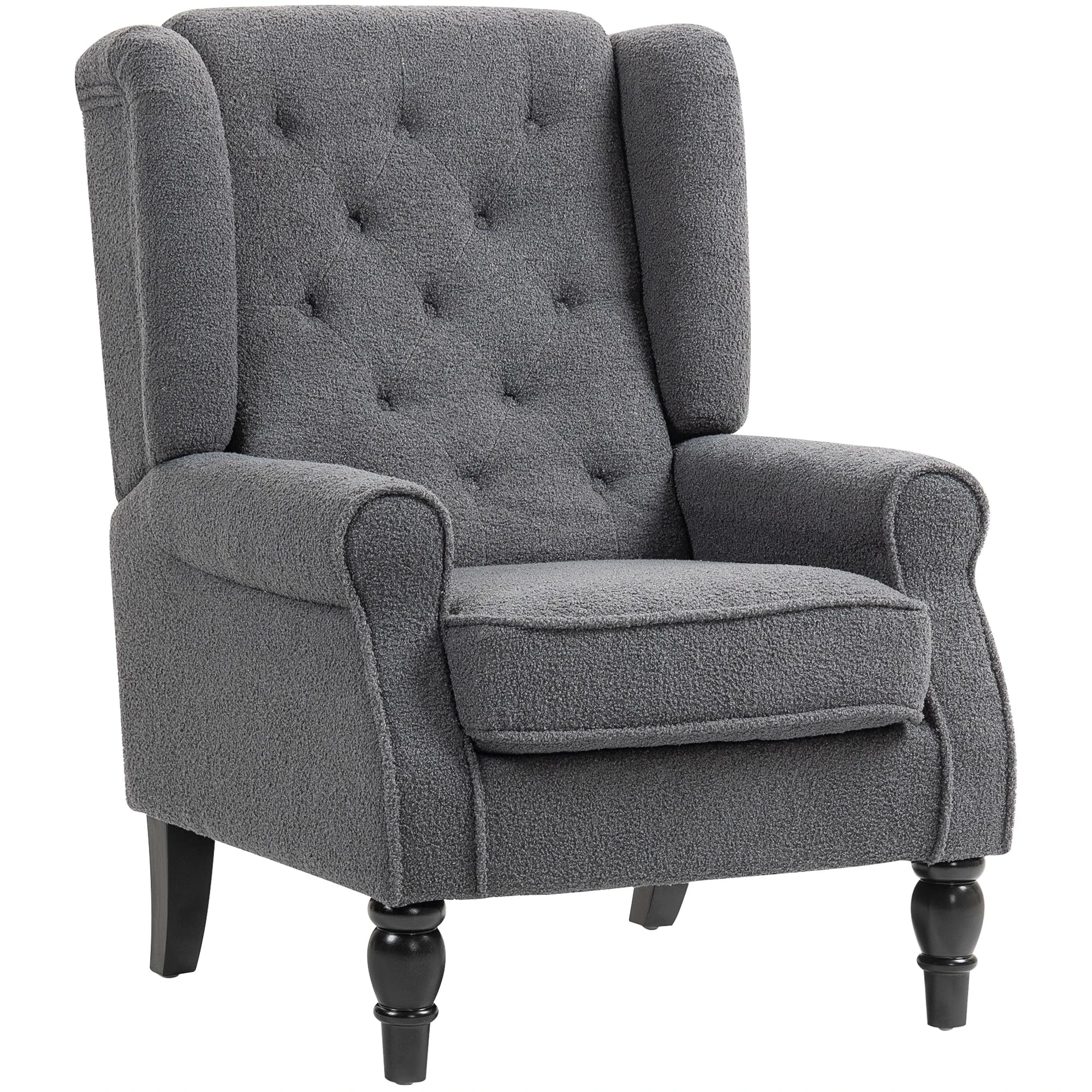 HOMCOM Retro Accent Chair, Teddy Fleece Wingback Armchair with Wood Frame Button Tufted Design for Living Room Bedroom, Charcoal Grey