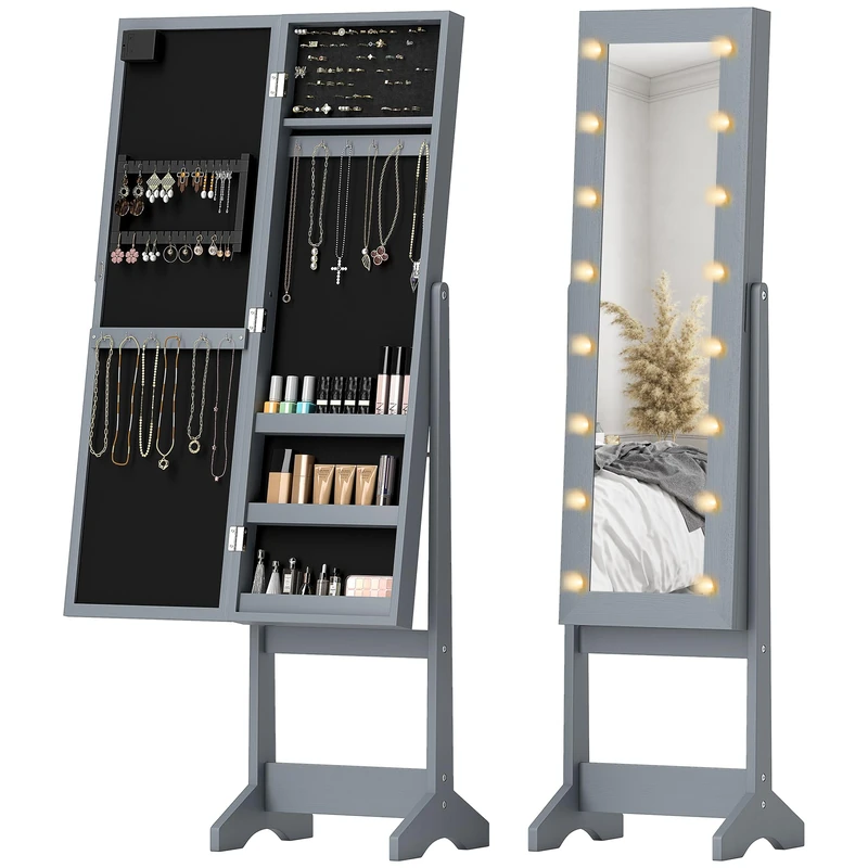 HOMCOM Freestanding Mirror Jewelry Cabinet with LED Lights, Jewellery Organiser with 3 Angle Adjustable, Full-Length Mirror with Storage for Earrings, Necklaces, Rings and Lipsticks, Grey