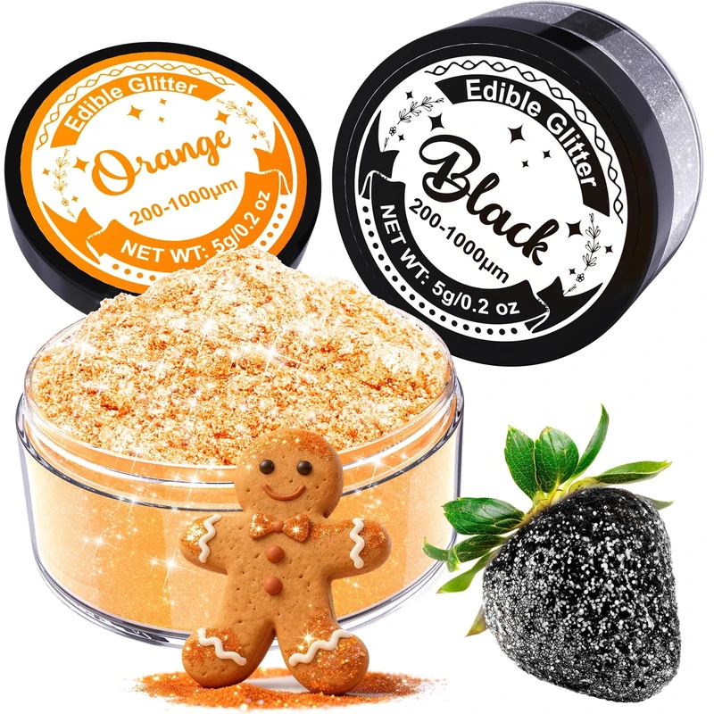Edible Glitter for Drinks - 2 Colours Sparkling Edible Cake Decorations Set, edible glitter for cakes, Bakery, Drink Glitter for Cocktail, Edible Lustre Dust Black & Orange - 5g/each