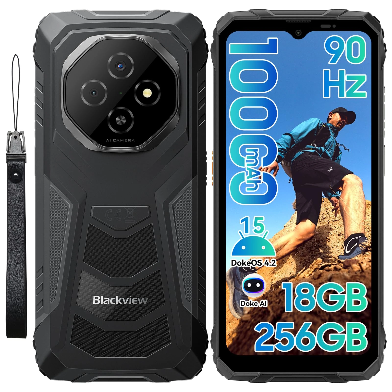 Blackview Fort1 Rugged Smartphone(10000mAh)-Android 15, 18GB+256GB/2TB,6.56" 90Hz, Sim-free & Unlocked Mobile Phones,IP69K/NFC/OTG/GPS/4G Dual SIM/3 Card Slots/Glove Mode, AI Rugged Phone 2025