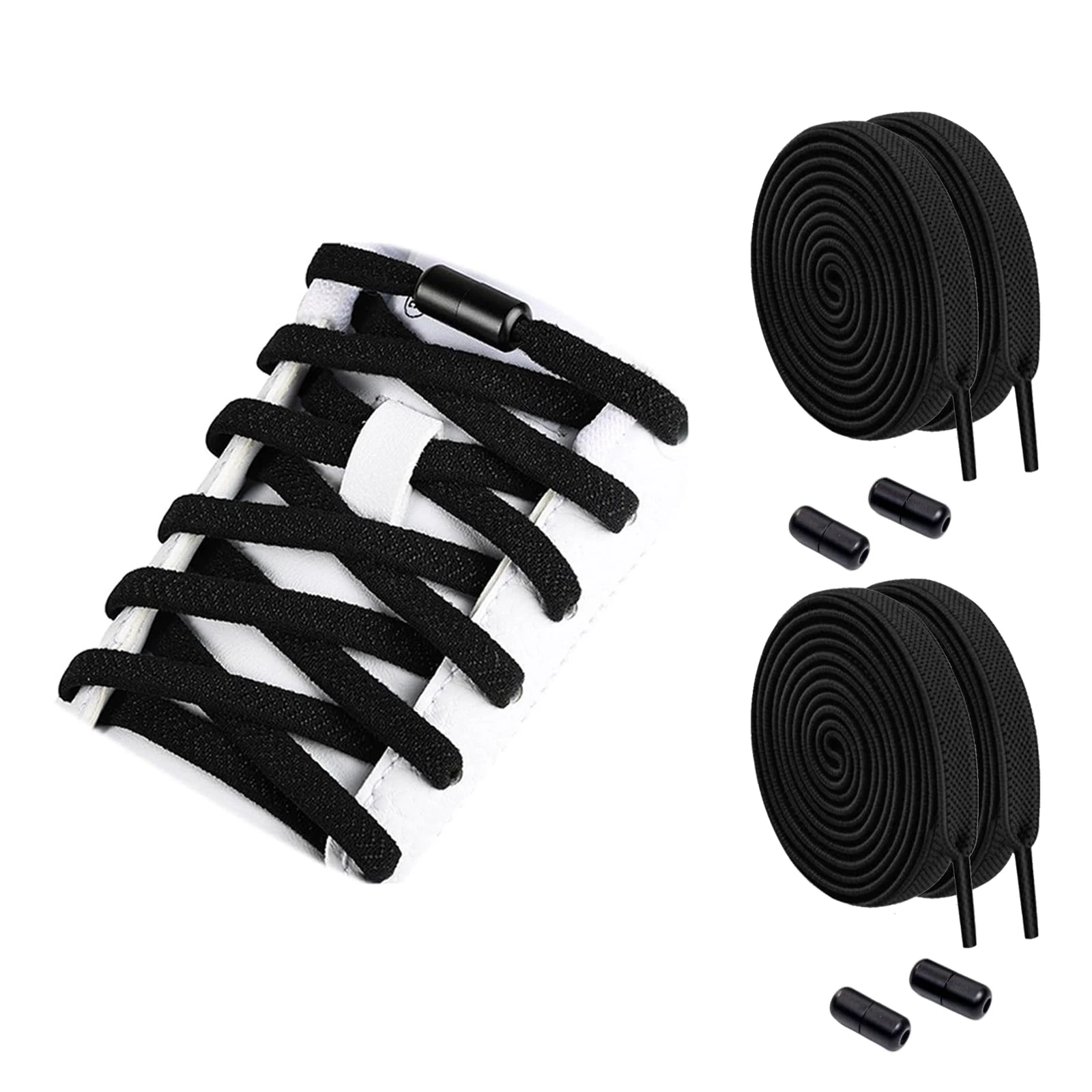 4 Pcs Non Tied Shoelaces, Elastic Shoe Laces, No Tie Shoe Laces for Trainers, Premium Elastic Weave & Quick Lock Buckle for Adults/Kids Trainers, Sneakers, Running Shoes (with 2 Pairs Round Buckles)