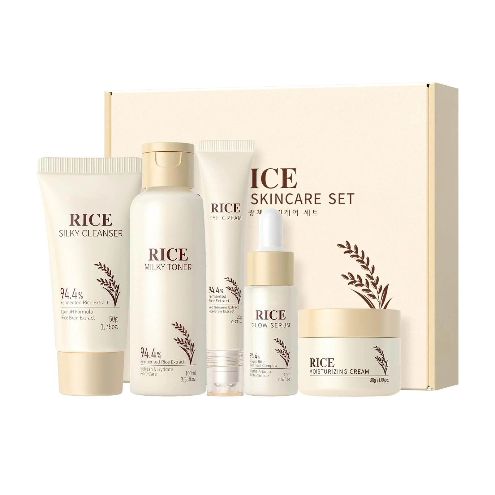 5PCS Rice Skin Care Sets & Kits, Korean Skincare Set- Cleanser, Toner, Serum, Eye Cream & Moisturizer, Christmas Birthday Gifts for Women Teenage Girls Mom Friend, Travel Skincare Set