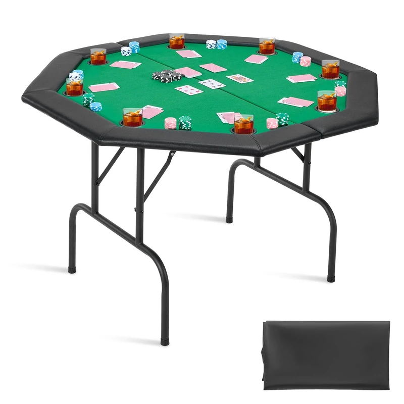 VEVOR Foldable Poker Table, 8 Player 1220 mm Folding Casino Leisure Table with Padded Rails & Cup Holders, Octagonal Portable Game Tables with Felt & Metal Legs, for Texas Hold'em Game and Blackjack