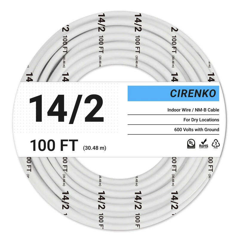 CIRENKO 14/2 NM-B Cable 100FT – Solid Copper Indoor Electrical Wire, UL Certified, 90°C Heat Resistant, PVC Jacket with Ground Wire