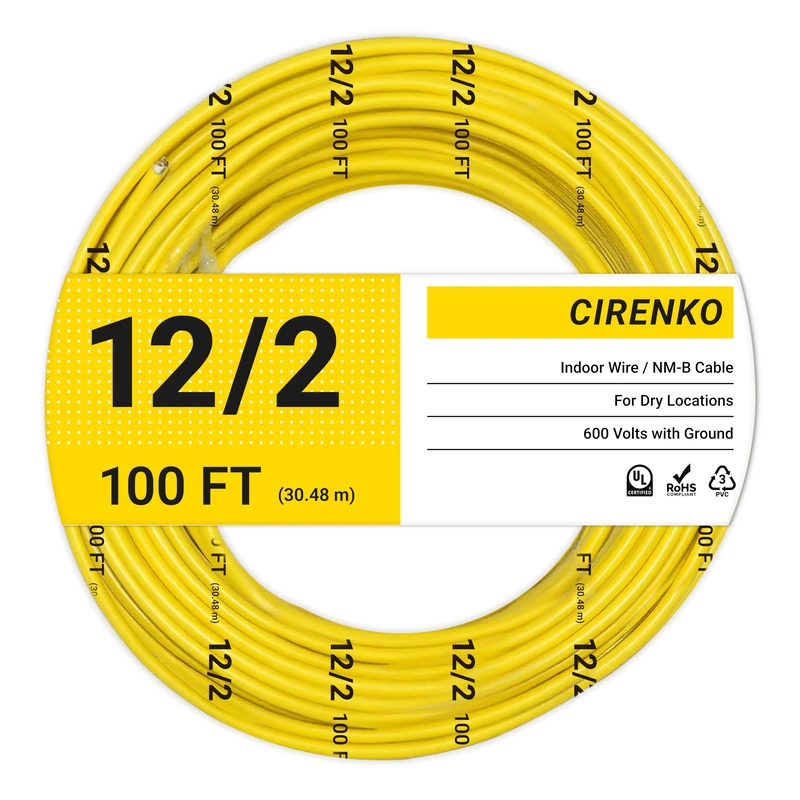 CIRENKO 12/2 NM-B Cable 100FT – Solid Copper Indoor Electrical Wire, UL Certified, 90°C Heat Resistant, PVC Jacket with Ground Wire
