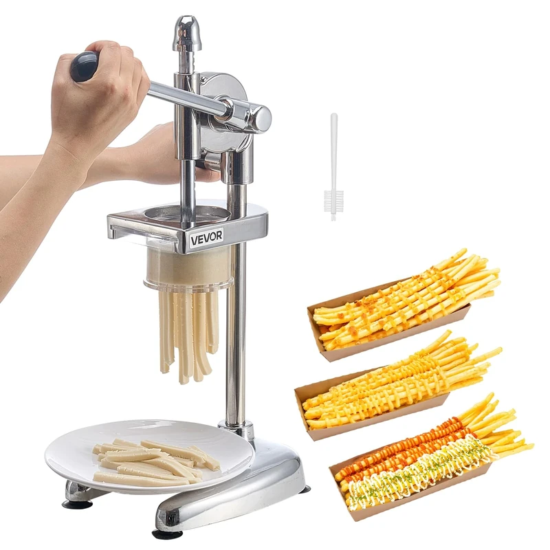 VEVOR Commercial French Fry Cutter, Stainless Steel Fried Potato Strips Squeezer, Long French Fries Maker with Pull-Out Extruder, Manual Mashed Potato Squeezer Machine for Restaurants & Home Kitchen