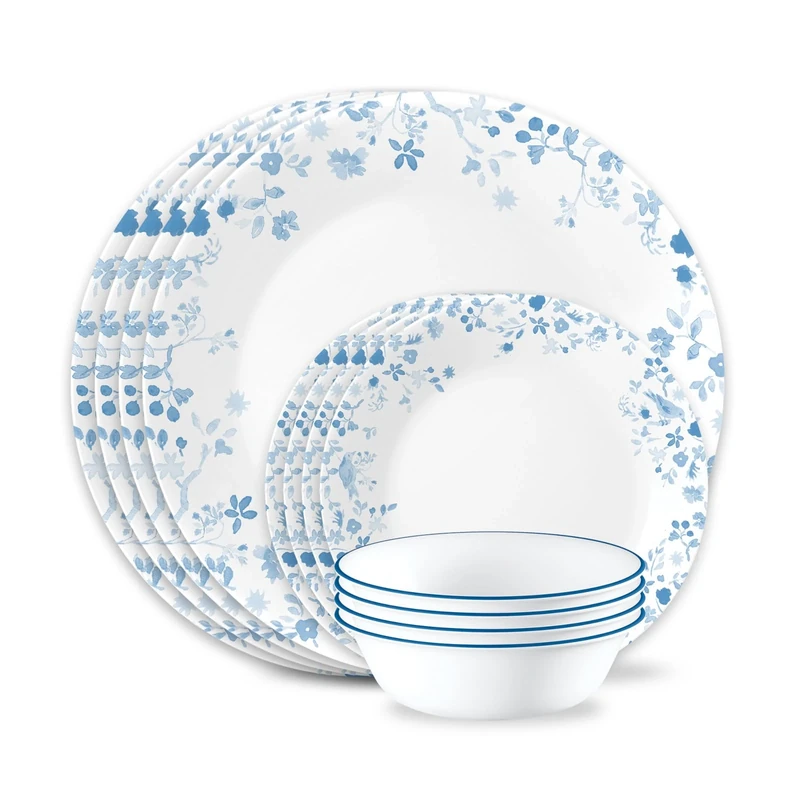 Corelle 12-Piece Vitrelle Glass Garden Song Chip and Break Resistant Dinner Set, Service for 4, Blue