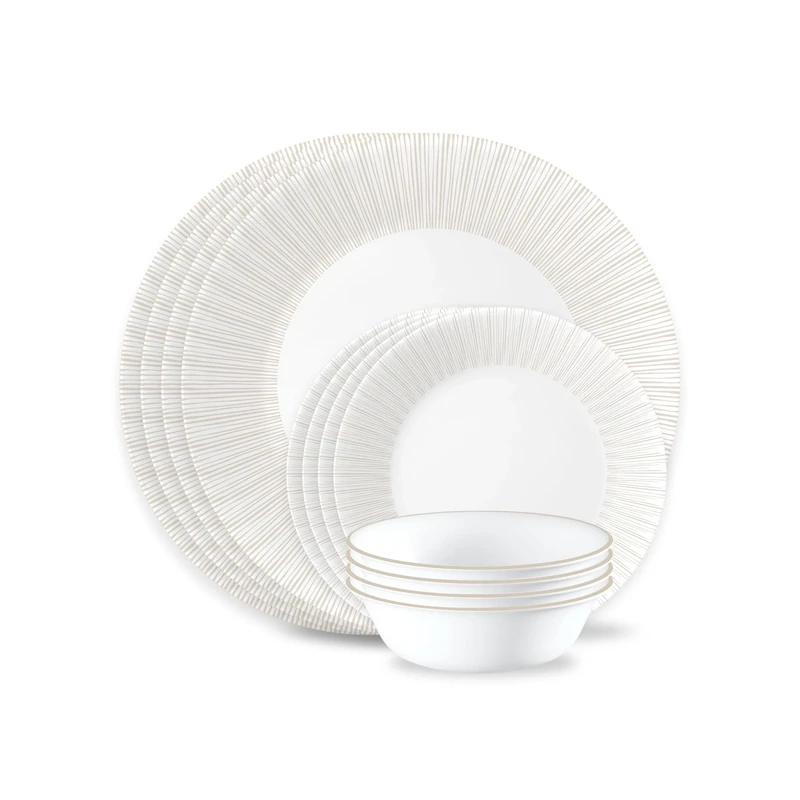Corelle 12-Piece Vitrelle Glass Hush Lines Chip and Break Resistant Dinner Set, Service for 4, Cream