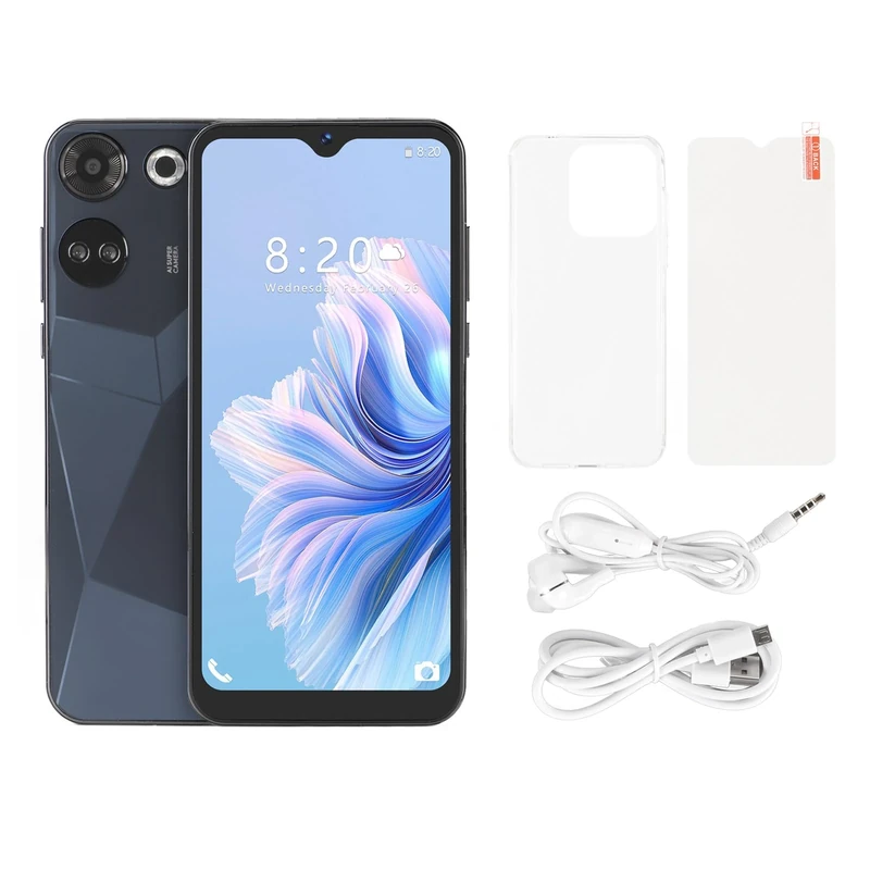 Yanmis C20 Pro Smart Phone, 6.49 Inch HD Screen 8GB RAM 64GB ROM MT6580A CPU 24MP Rear Camera 8000mAh Battery, with Face Recognition, for 12 (Black)