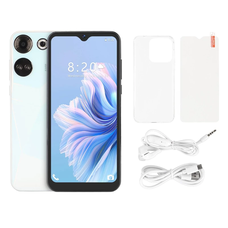 Yanmis C20 Pro Smart Phone, 6.49 Inch HD Screen 8GB RAM 64GB ROM MT6580A CPU 24MP Rear Camera 8000mAh Battery, with Face Recognition, for 12 (White)