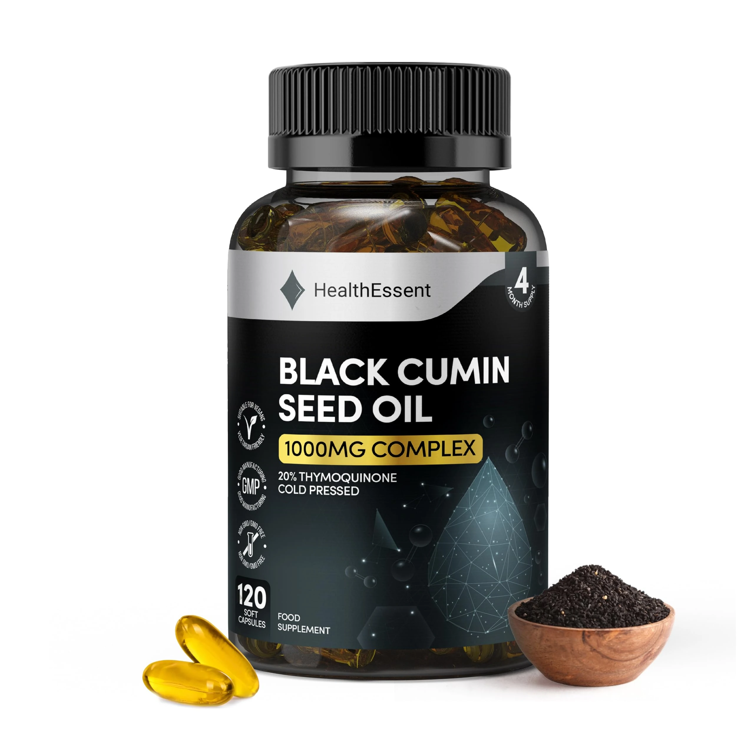 Black Seed Oil Capsule 1000mg, Cold Pressed 20mg Thymoquinone, High Strength Black Cumin Seed Oil for Blood Sugar and Cholesterol - Natural Anti-Inflammatory Antioxidant (4 Month Supply)–120 Softgels