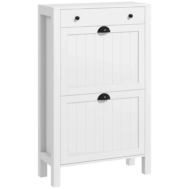 HOMCOM Narrow Shoe Cabinet, Slim Shoe Storage Cabinet with 2 Flip Drawers, Adjustable Shelves and Top Drawer for Entryway, Hallway, White