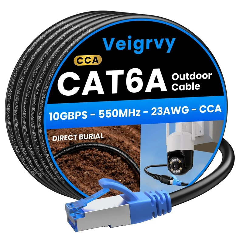 Veigrvy Cat6A Ethernet Cable 100m UV, Water Resistant, 10Gbps, 550MHz