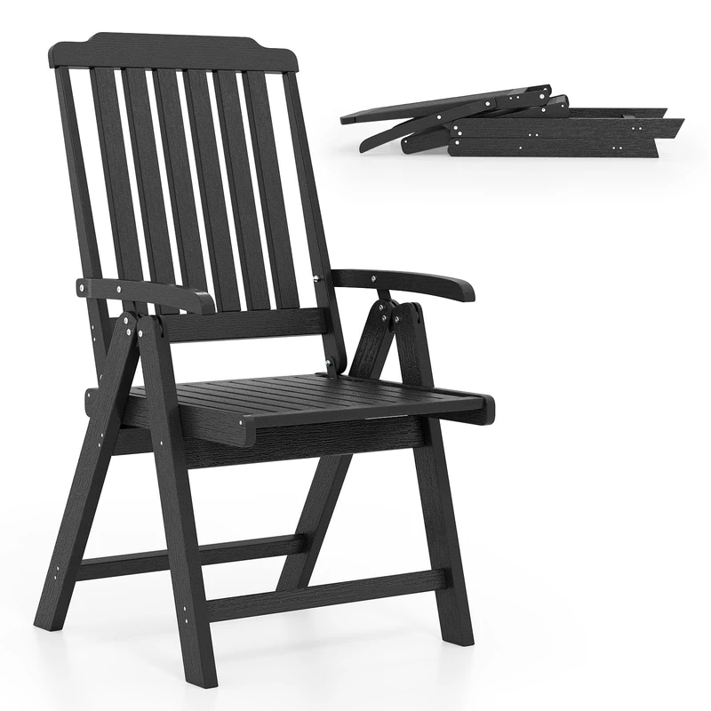FANTASK Patio Chair in Wood Look, Weatherproof High-Backed Garden Chair Foldable Made of Plastic, Maximum Load 150 kg, for Garden, Patio and Balcony (Black)