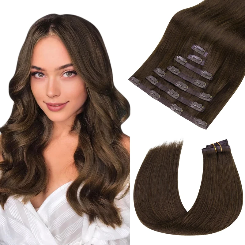 hotbanana Seamless Clip in Hair Extensions, Chocolate Brown Clip in Remy Hair Extensions Real Human Hair Straight Invisible PU Skin Weft 20 inch 115g 7pcs