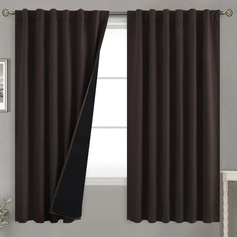 BGment 100% Room Darkening Thermal Insulated Blackout Curtains 63 Inches Long with Liner, Double Layer Noise Cancelling Rod Pocket and Back Tab Curtains for Bedroom (52 x 63 Inch, 2 Panels, Brown)