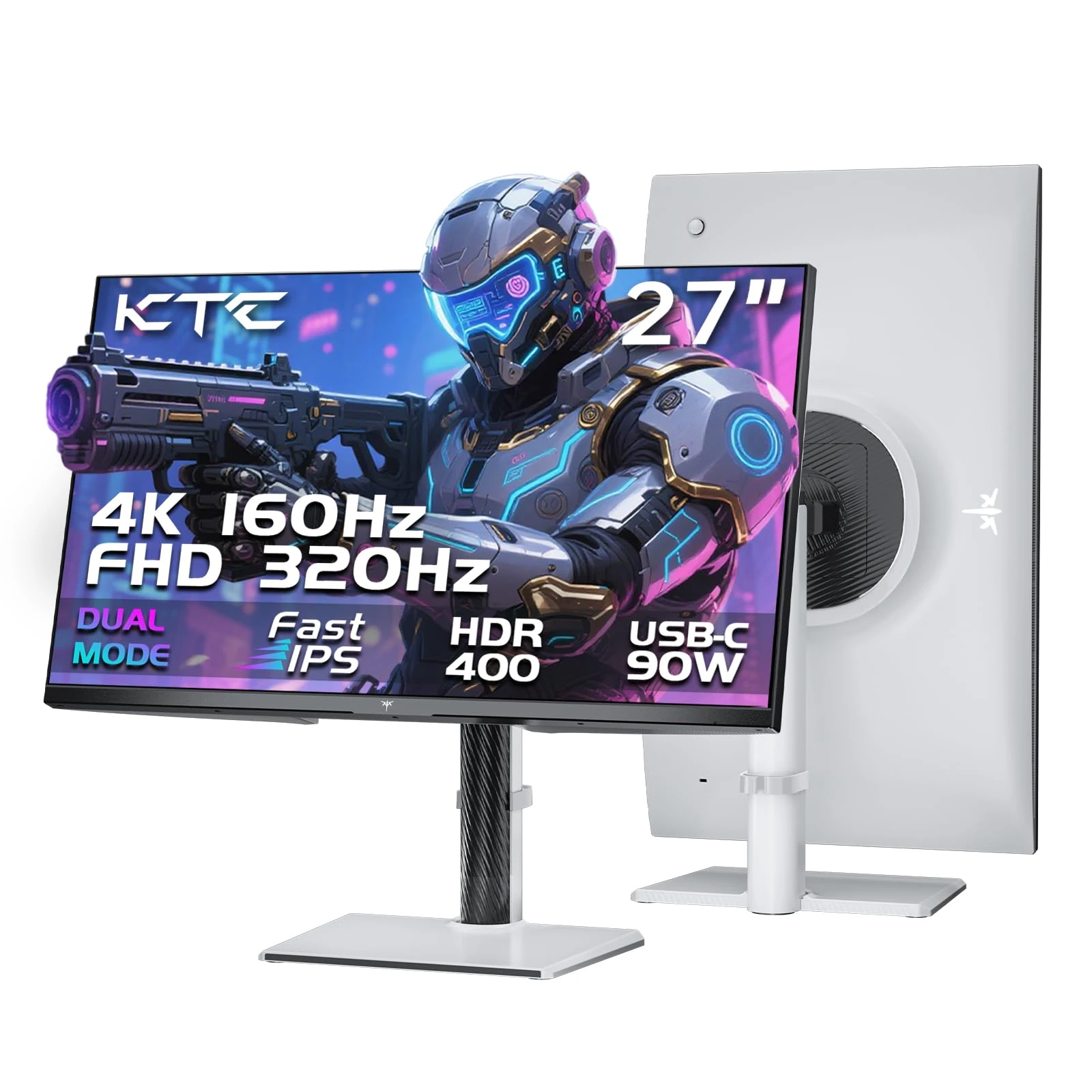 KTC 4K Gaming Monitor 27 Inch | Dual Mode 4K@160Hz / FHD@320Hz Seamless Switching | Fast IPS Panel | 1ms Response Time | HDR400 | Adaptive Sync | 125% sRGB, 97% DCI-P3, ΔE<2 | USB C 90W | KVM | White
