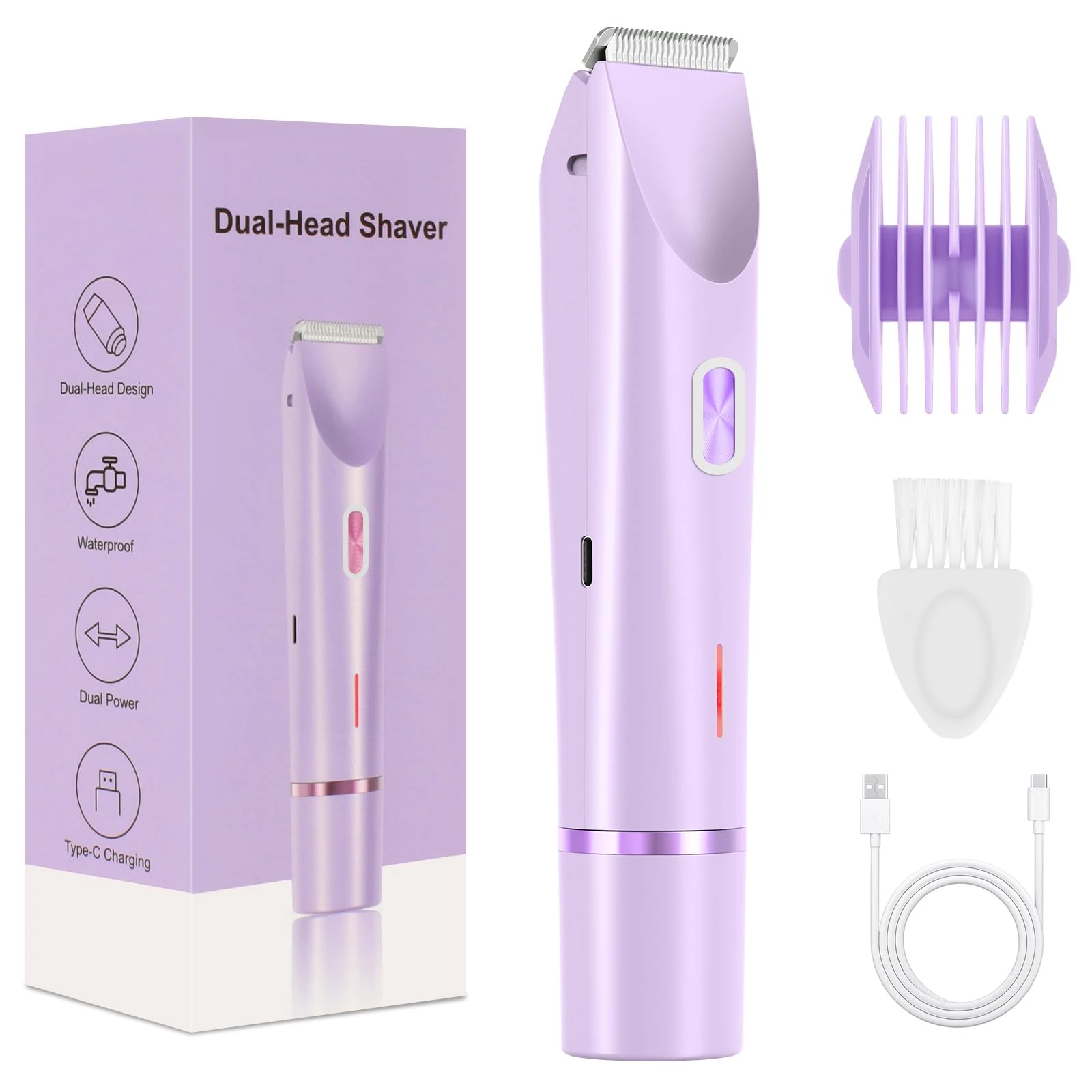 Lady Shaver for Women – 2-in-1 Bikini Trimmer & Razor, 5400 RPM Rechargeable, USB-C, Wet & Dry Use, Electric Razor for Women Legs, Body & Intimate Areas,Violet.