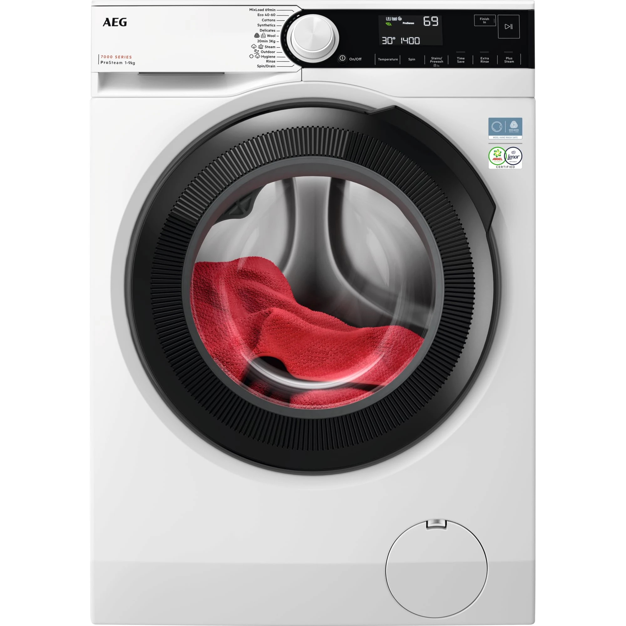 AEG 7000 Series Washing Machine 9kg LFSR73944B, 1400rpm, Prosteam and Prosense Technology, TimeSave and MixLoad69 for Quick Wash, Steam Refresh reduces wrinkles on garments and uses 96% less water