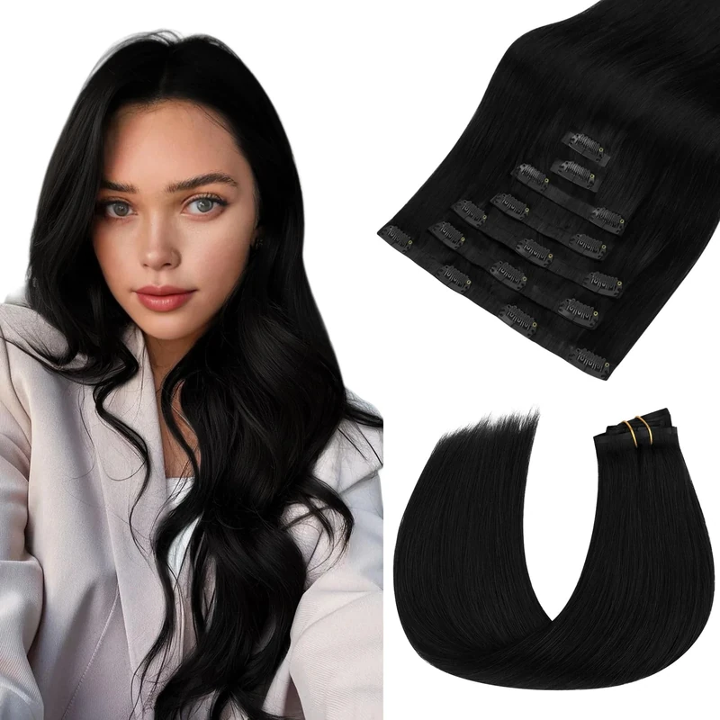 hotbanana Seamless Clip in Hair Extensions, Jet Black Clip in Remy Hair Extensions Real Human Hair Straight Invisible PU Skin Weft 20 inch 115g 7pcs
