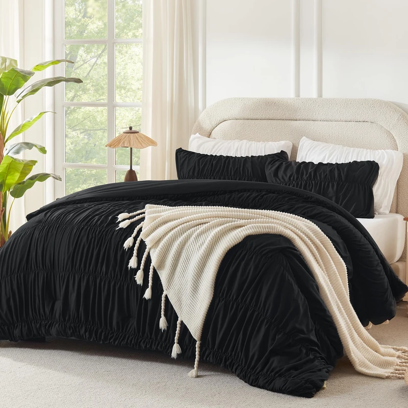 Andency Ruched Black Full Size Comforter Sets, Shabby Chic Pleatd Bedding Sets 3 Pieces, Lightweight Soft Boho Ruffle Bed Set for Girls, Kids, Women, All Season