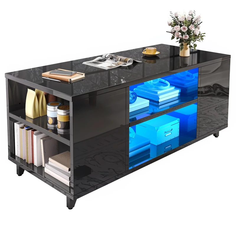 YITAHOME Coffee Table with High Gloss Surface, Coffee Tables for Living Room with LED Light String, Rectangle Tea Table with Adjustable Storage Shelf, 97.5x48x45cm