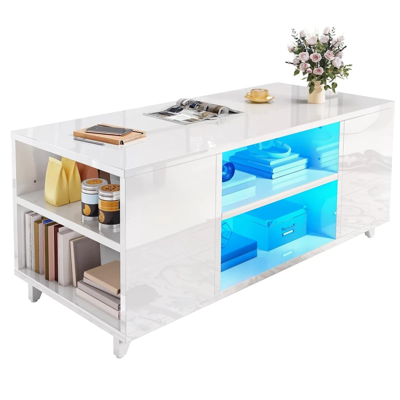 YITAHOME Coffee Table with High Gloss Surface, Coffee Tables for Living Room with LED Light String, Rectangle Tea Table with Adjustable Storage Shelf, 97.5x48x45cm