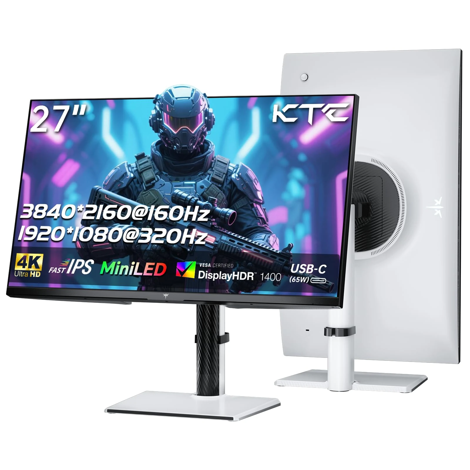 KTC MiniLED Gaming Monitor 27 Inch | 4K@160Hz, FHD@320Hz Seamless Switching | 1152 Zoll Local Dimming | VESA Display HDR1400 | 1ms Response Time | Adaptive Sync | 145% sRGB | KVM | White | M27P6