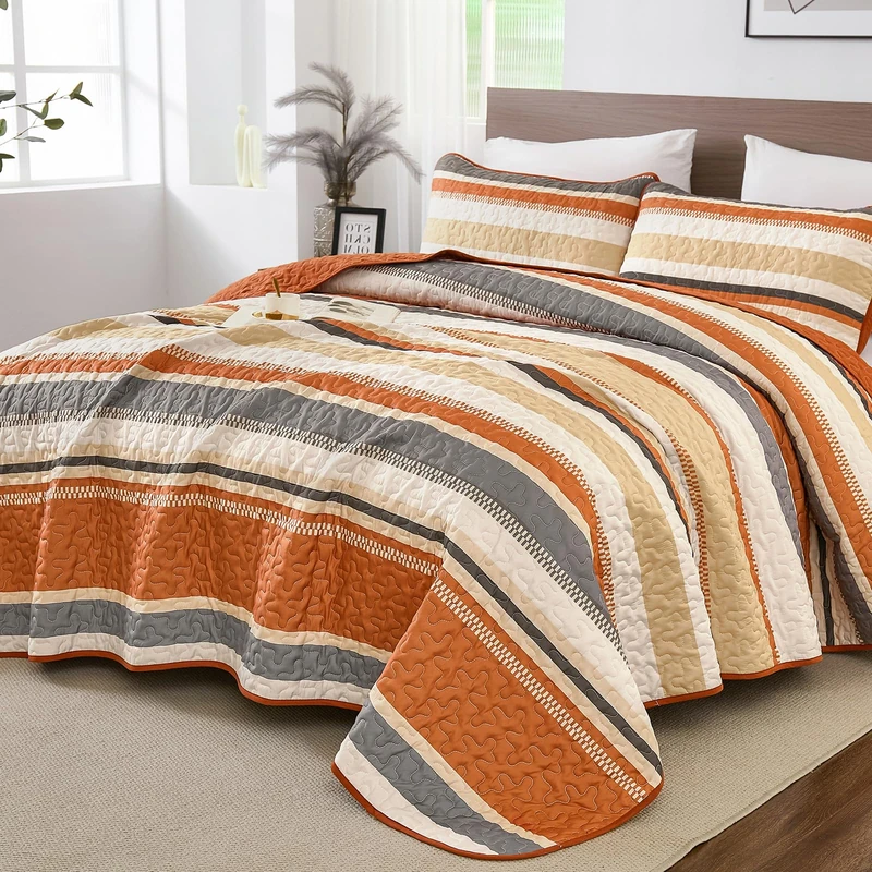 WONGS Bedding Orange King Quilt, 3 Pieces Striped Pattern Bedspread Coverlet, Halloween Fall Quilts Bedding Set for Bed 110"×90"