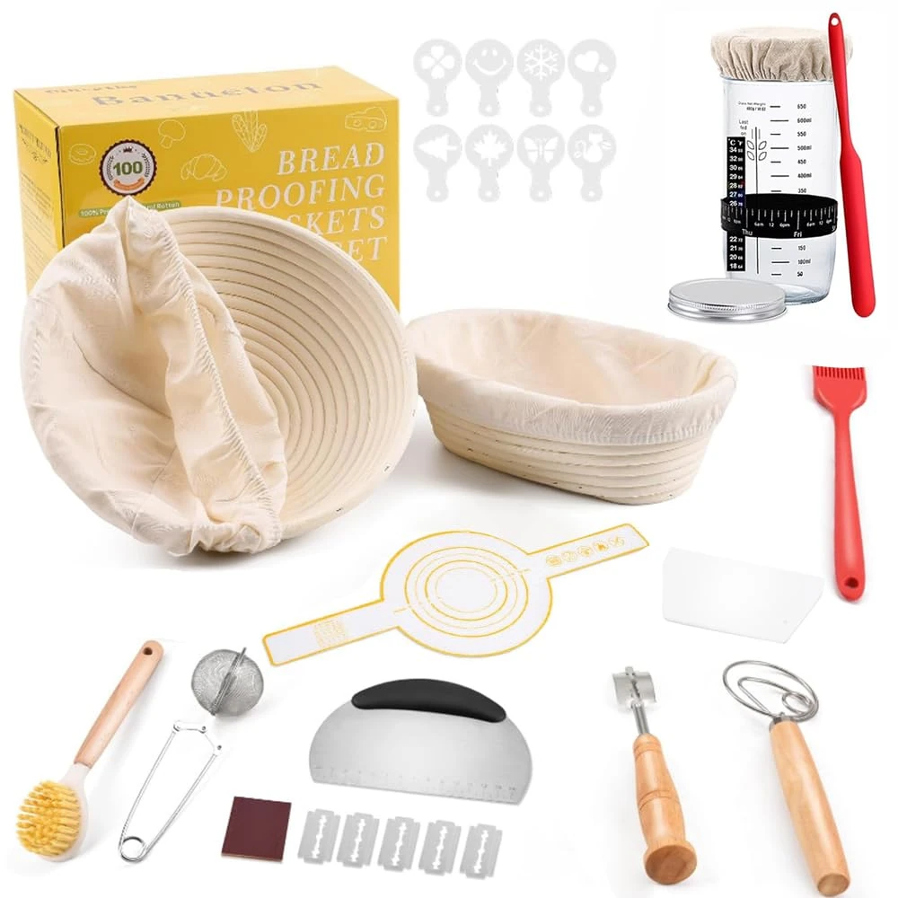 KBIBCK Sourdough Starter Kit, 13PCS Sourdough Bread Baking Supplies with Jar, Round & Oval Bread Proofing Basket, Bread Making Tools,Sourdough Bread Making Kit for Beginners & Professional Bakers Gift