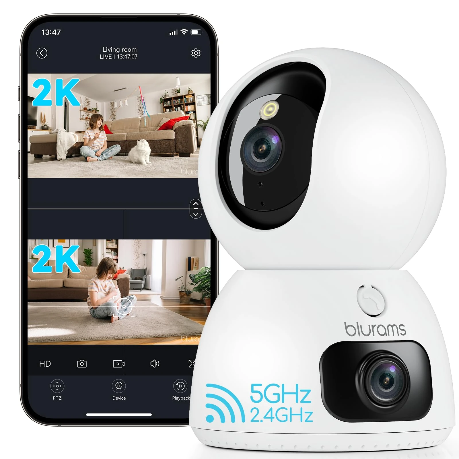 blurams Indoor Camera, 2K Dual-Lens Pet Camera, Dog Cameras with 360° Coverage, One-Touch Call, IR&Colour Night Vision, Cloud/Local Storage, 5GHz/2.4GHz Wi-Fi