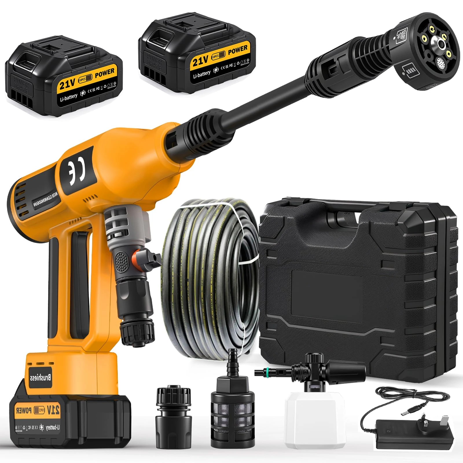 wowspeed 21V Cordless High Pressure Washer with 2 Battery, 4 Speed Setting, 6-in-1 Nozzle High Jet Washer Cleaning Machine, 16.5ft Hose, 40000 RPM, 180° Rotatable Nozzle, Extension Pole, Carry Case