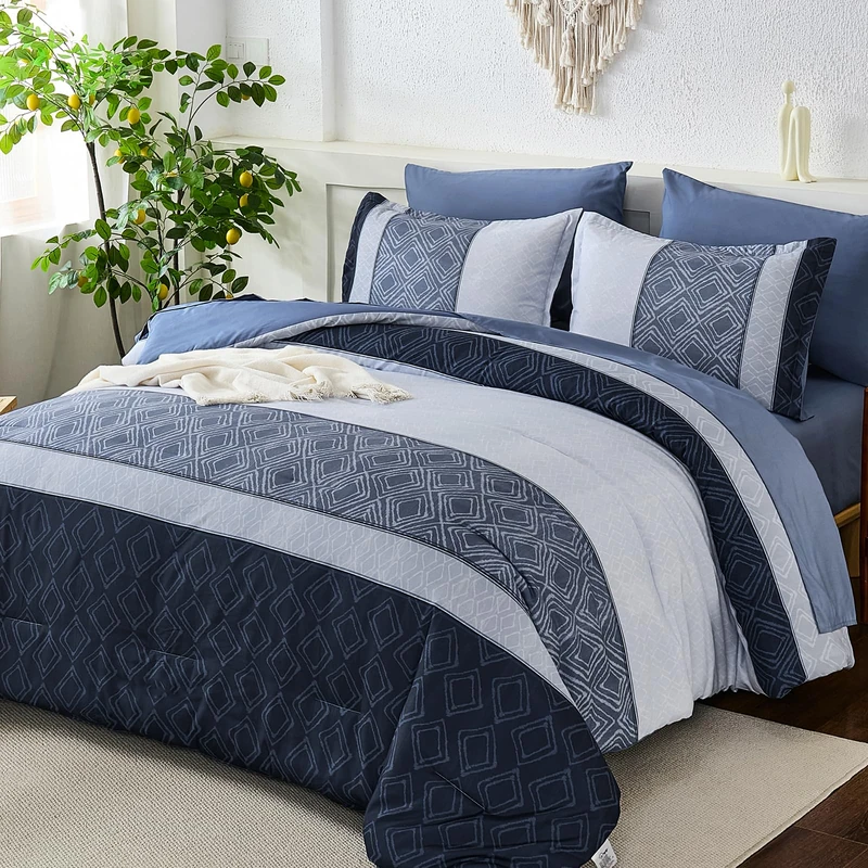 Dinjoy Blue King Size Comforter Set,Striped Boho Bed in a Bag King 7 Pieces Soft Fall Bedding Comforters Microfiber Mineral Blue Complete Sets for All Season