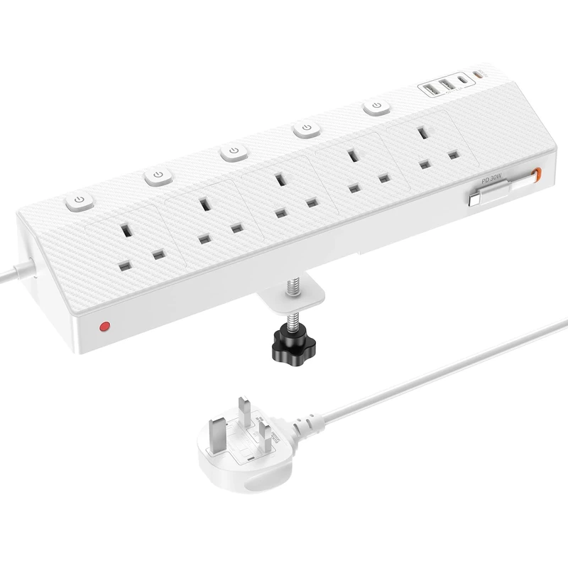 Desk Extension Lead 1.8M, STGAROT PD 30W Power Strip with Retractable USB C Cable, 5 Way Power Socket with 3 USB C Port, 2 USB A Port, Desktop Plug Socket with Removable Clamp for Office Accessories