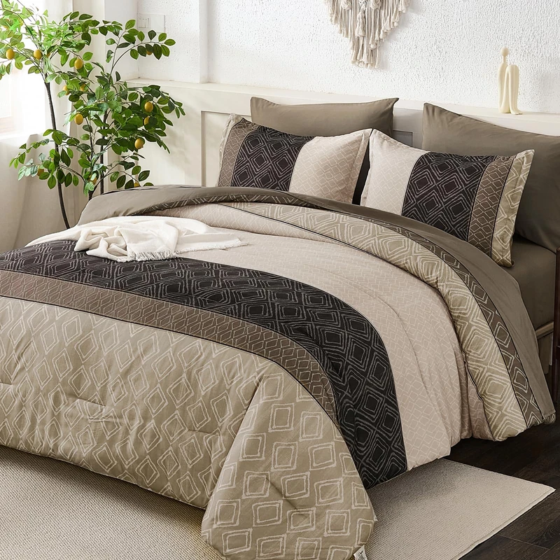 Dinjoy Boho Queen Comforter Set Light Brown,7 Piece Bed in a Bag Queen Size Warm Striped Bedding Sets with Plaid Fall Comforters Bed Set with Sheets for Family All Season