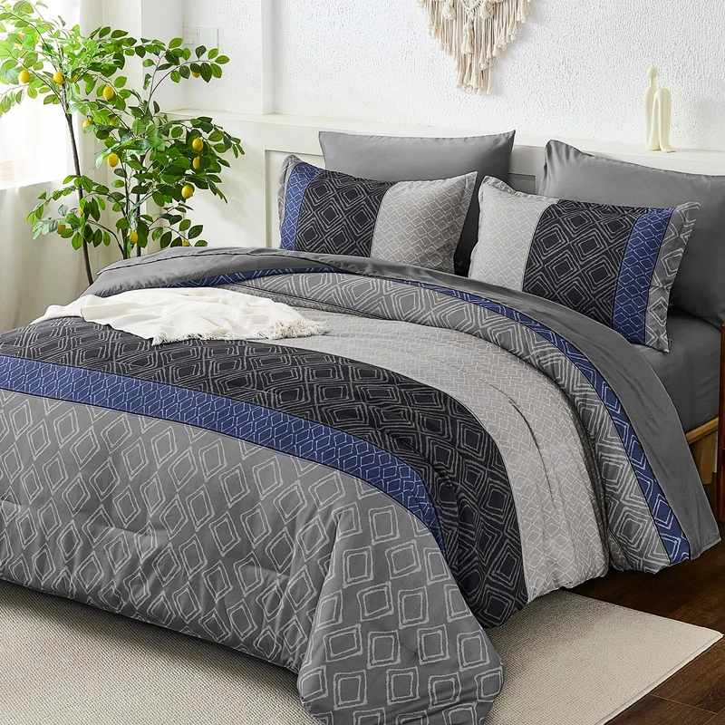 Dinjoy Blue Gray King Size Comforter Set,Striped Boho Bed in a Bag King 7 Pieces Soft Fall Bedding Comforters Microfiber Complete Sets for All Season